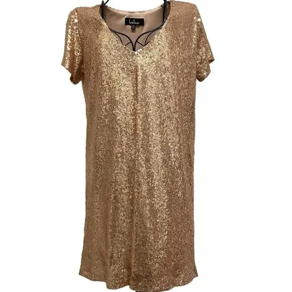 LULU’s Sequined Mini Dress SIZE MEDIUM Peach Short Sleeve V-Neck Cocktail Dress - Picture 1 of 8